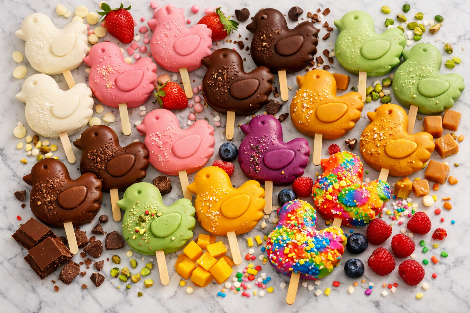 Assortment of colorful ChickPops arranged artistically