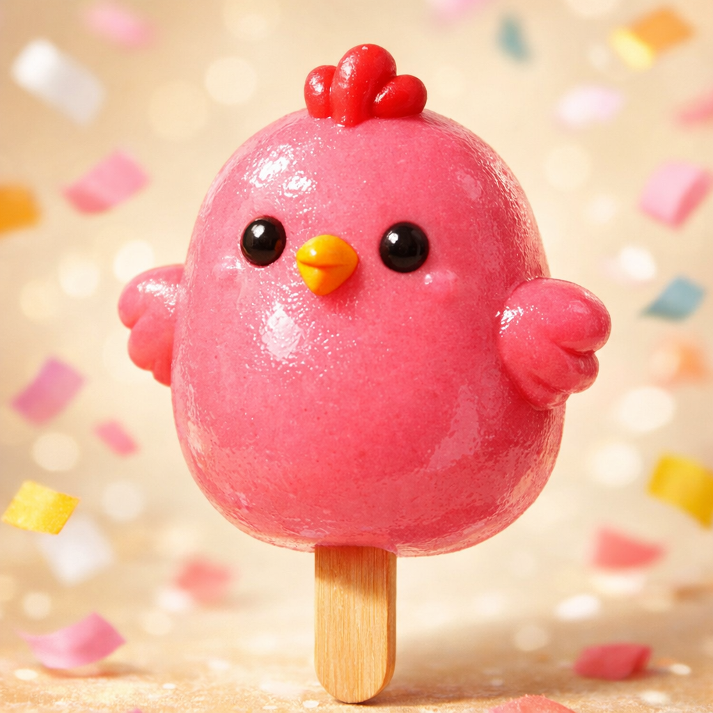 Strawberry chicken-shaped ice cream pop with colorful confetti