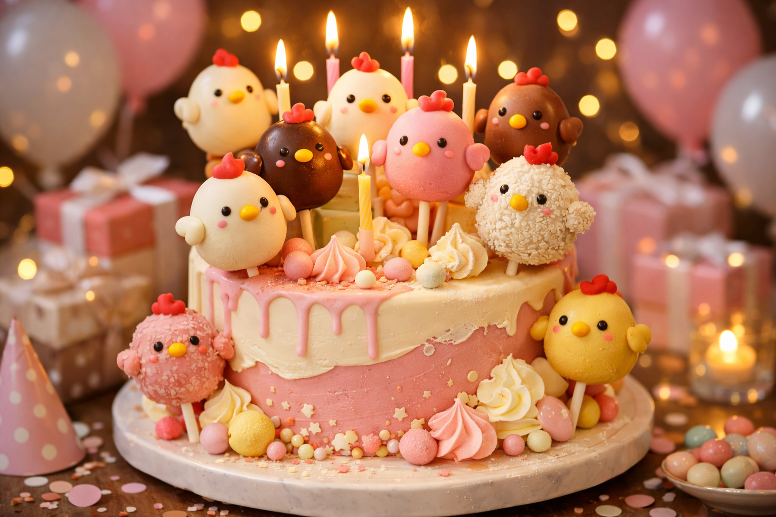 Birthday cake decorated with colorful ChickPops as toppers