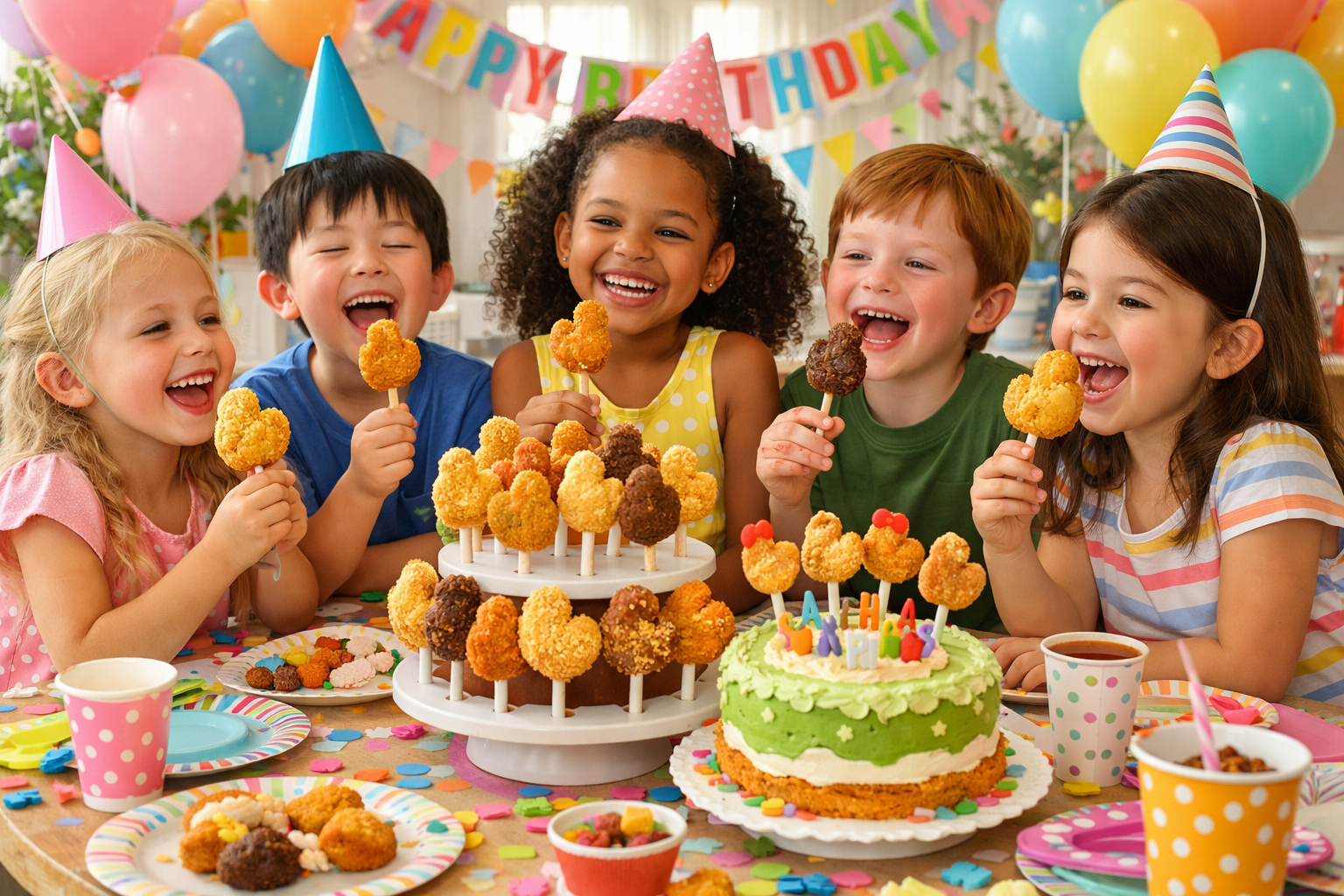 Children at birthday party holding colorful ChickPops with balloons in background