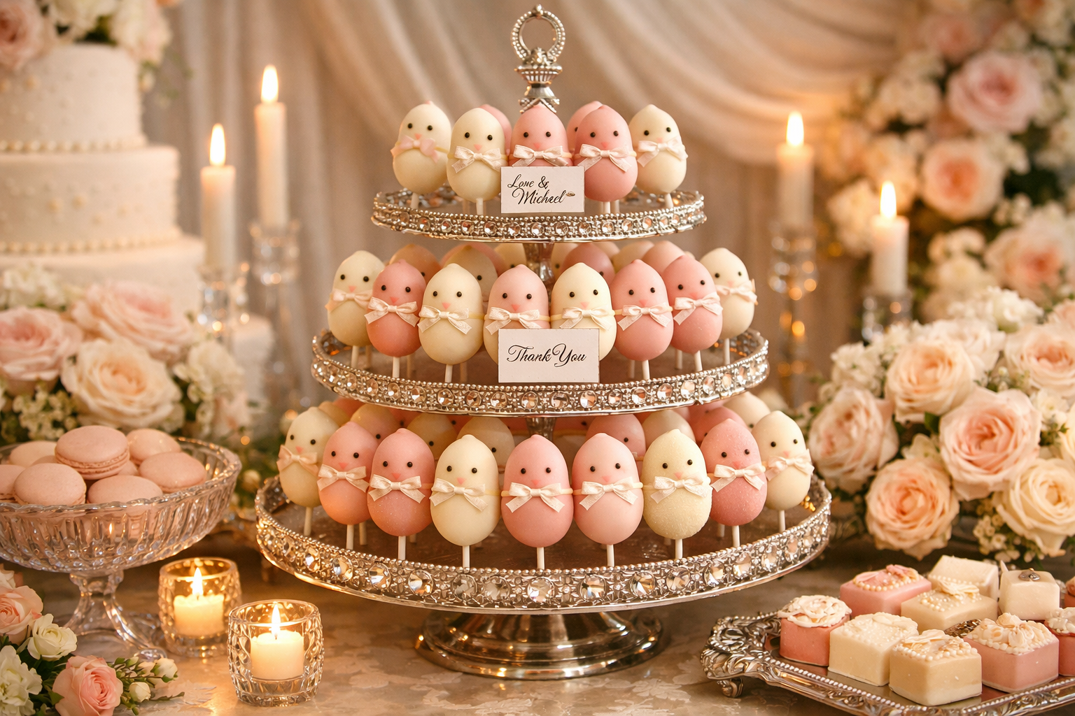 Elegant wedding dessert table with white and gold ChickPops arrangement