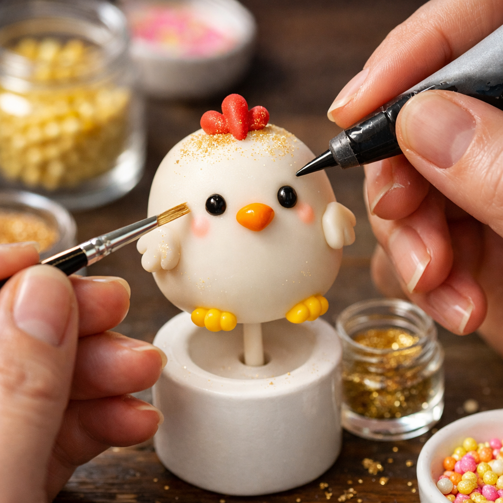 Hand-painting details like eyes and beak on chicken pop