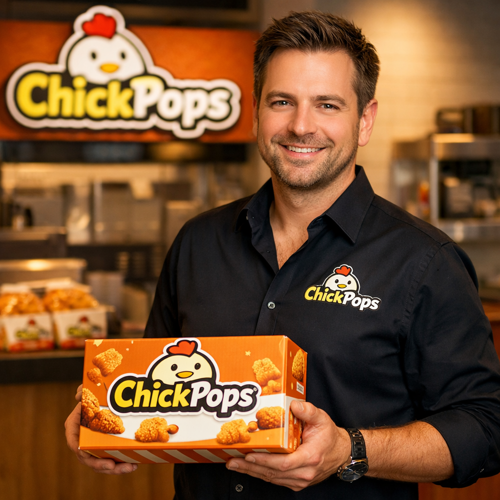 Tomek, founder holding a gift box full of ChickPops
